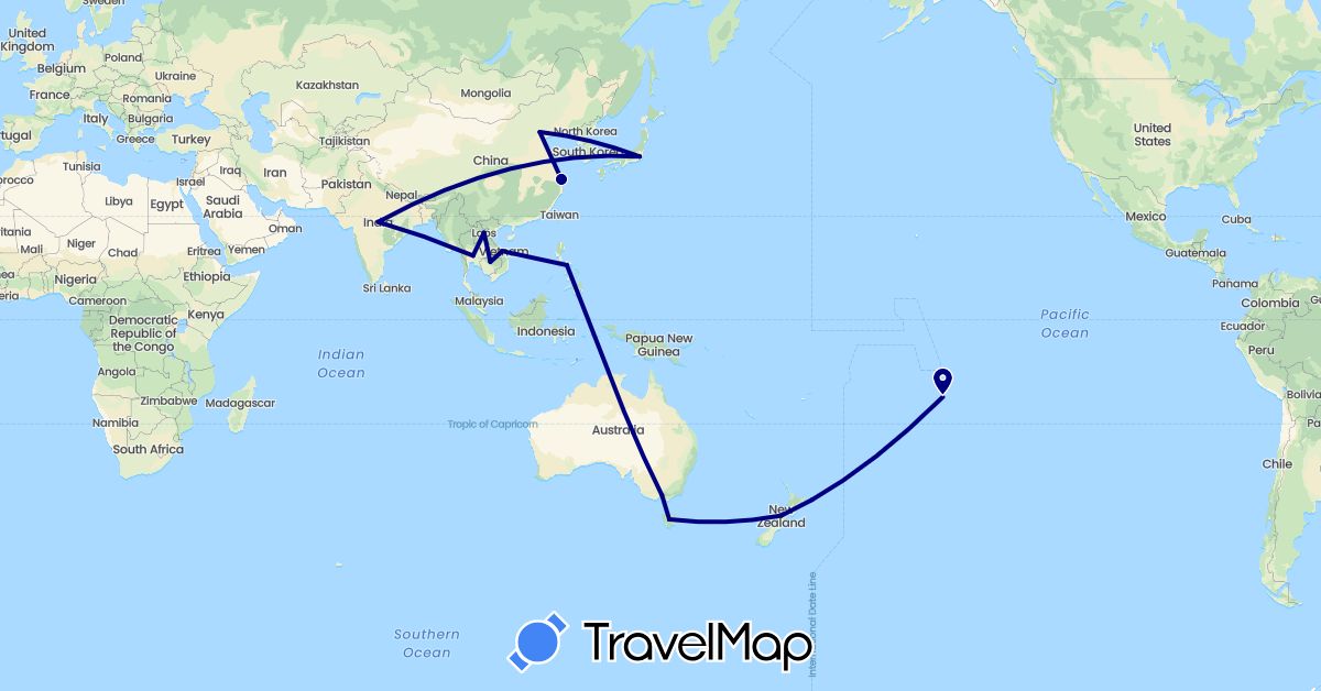 TravelMap itinerary: driving in Australia, China, France, India, Japan, Cambodia, Laos, New Zealand, Philippines, Thailand, Vietnam (Asia, Europe, Oceania)